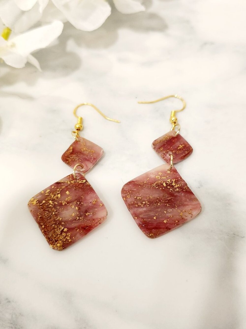 Handmade Pink & Gold Resin Diamond Earrings ~ Double Drop Design